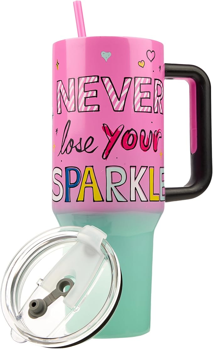 Bioworld Hello Kitty “Never Lose Your Spark” Vacuum Insulated 40 Oz. Pink & Green Ombre Stainless Steel Tumbler with Leak-Proof Lid & Easy Carry Handle for Travel or Home