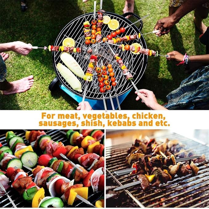 12PCS Kabob Skewers Flat Metal Stainless Steel BBQ Barbecue Skewer 14" Anti-Roll Heavy Duty Shish Kebob Sticks Wide Reusable Grilling Skewers Set for Meat Shrimp Chicken Vegetable Kebab Fork Sausageā¦