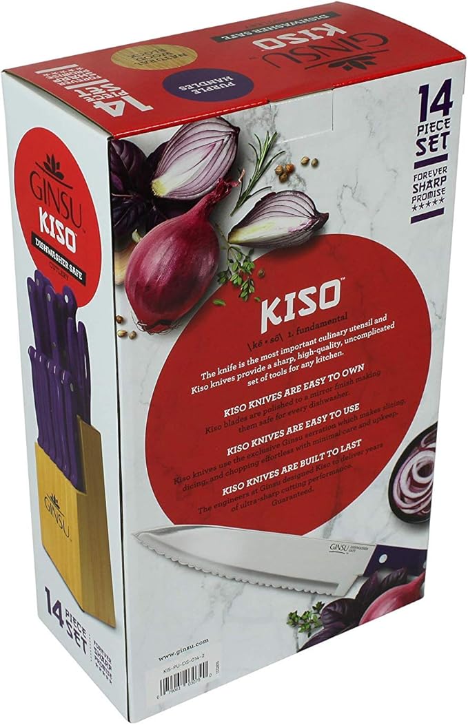 Ginsu Kiso 14-Piece Purple Knife Set with Natural Block - Dishwasher Safe and Always Sharp