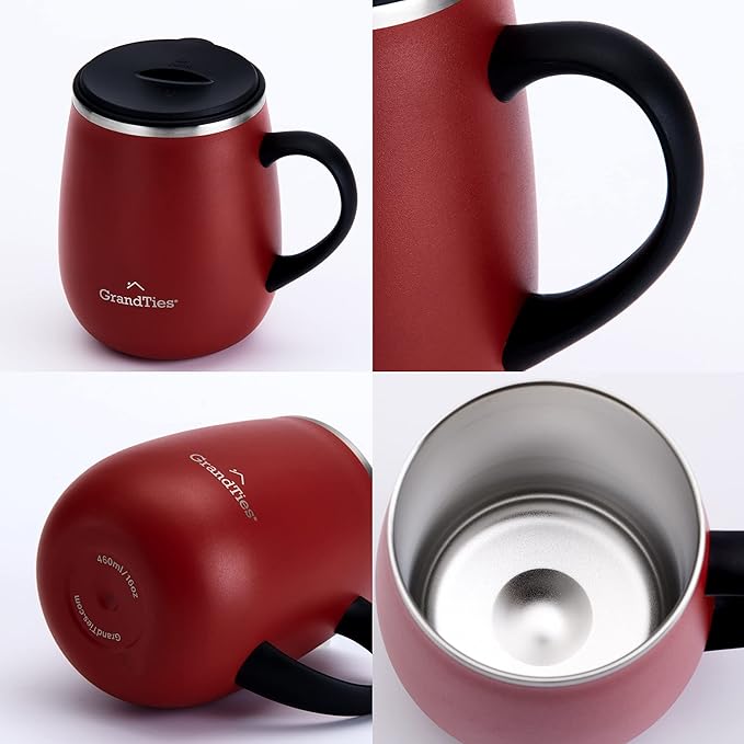 GRANDTIES Insulated Coffee Mug with Handle - Sliding Lid for Splash-Proof 16oz Wine-Glass Shape Thermal Tumbler with Double Walled Vacuum Stainless Steel to Keeps Beverages Hot or Cold-Cranberry