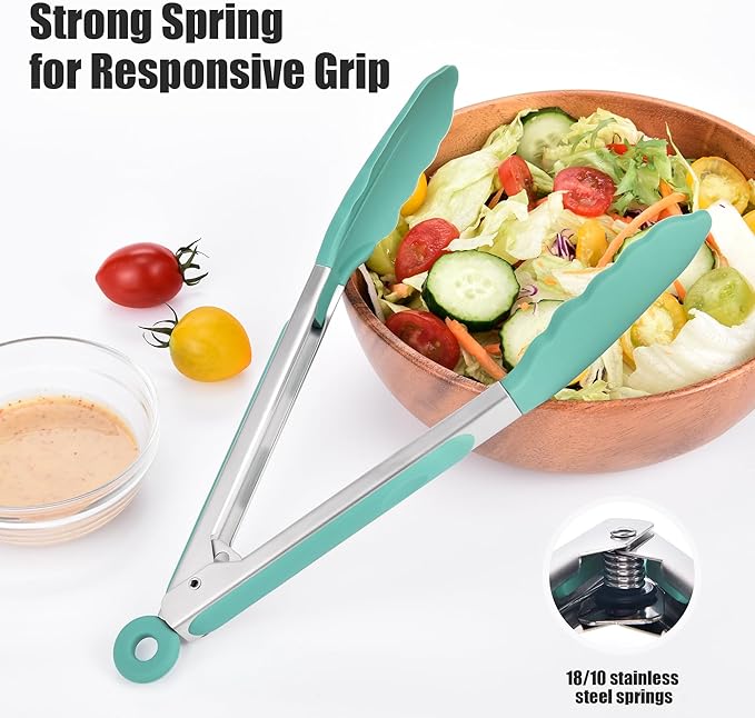Doosu Kitchen Tongs for Cooking - 600°F Heat Resistant Food Tong with Non-Scratch Silicone Tips, Heavy Duty Stainless Steel Locking Tong for BBQ, Grilling Steak, Serving Salad, Pasta (9in, Aqua Sky)