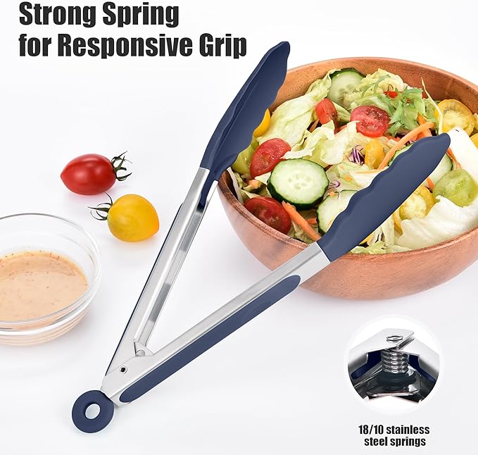 Doosu Kitchen Tongs for Cooking - 600°F Heat Resistant Food Tong with Non-Scratch Silicone Tips, Heavy Duty Stainless Steel Locking Tong for BBQ, Grilling Steak, Serving Salad Pasta (9in, Navy Blue)