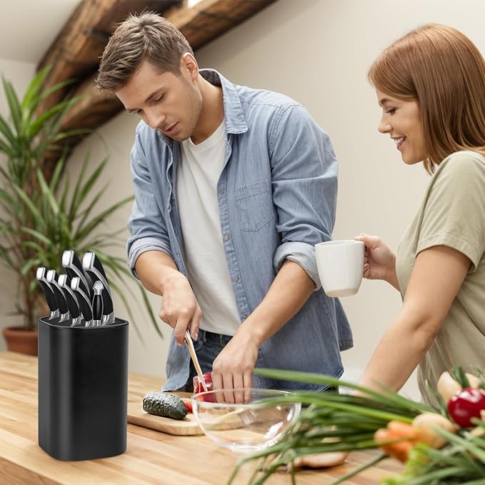 Ninonly Black Knife Block Without Knives 3 in 1 Universal Square Knife Holder Without Knives with Scissors Slot and Sharpening Rod Detachable Kitchen Knife Holder for Easy Cleaning Space Saver