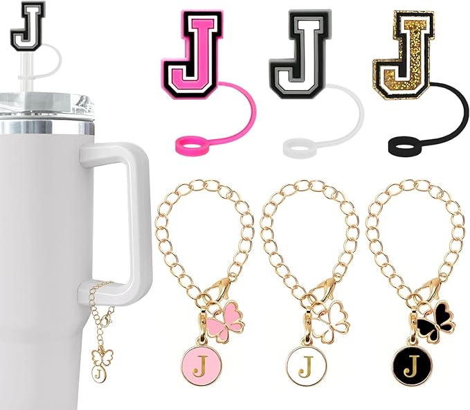 (3 +3) Nuozme Straw Cover Compatible with Stanley Tumbler Cup 3PCS Letter Straw Caps Toppers with 3 Initial Butterfly Charms Name ID For Stanley 30&40 Oz Cup