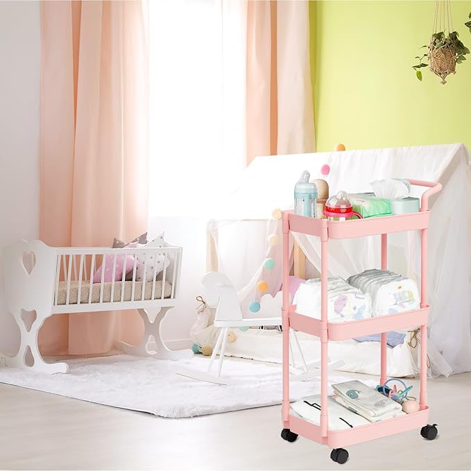 Baby Diaper Caddy – Plastic Diaper Organizer for Nursery Essentials, Movable Cart for Changing Table & Crib, Easy to Assemble, Pink