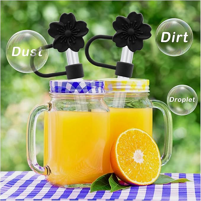 Flower Silicone Straw Cover Cap for Stanley Cup,Straw Topper 10mm 0.4in Dust-Proof Reusable Straw Tips Lids,Straw Tip Covers Gift for Party Decor (Black Cherry blossom 4pcs)
