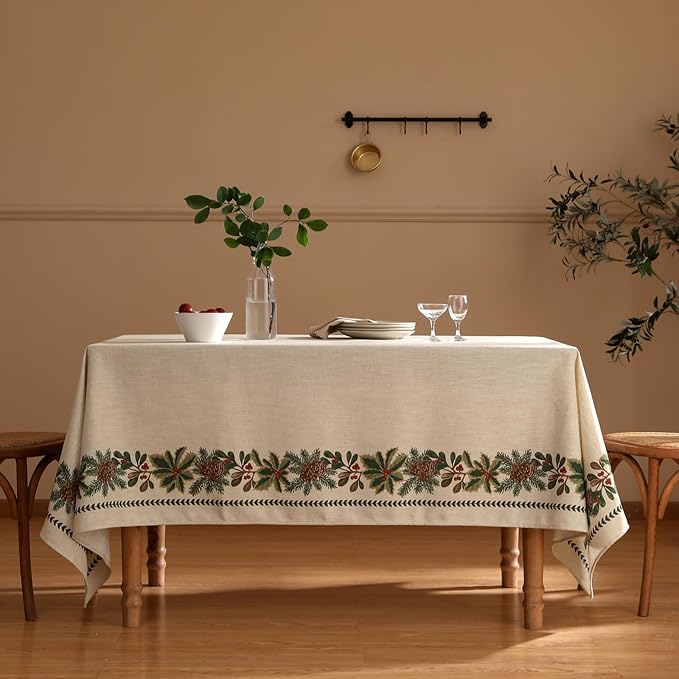 ISAENNE Designer Christmas Linen Long Tablecloth Rectangle,Light Beige Western Table Cloth,Wrinkle Resistant Decor Tablecloths for Dining Thanksgiving Kitchen Christmas,63"*102"-Carol G