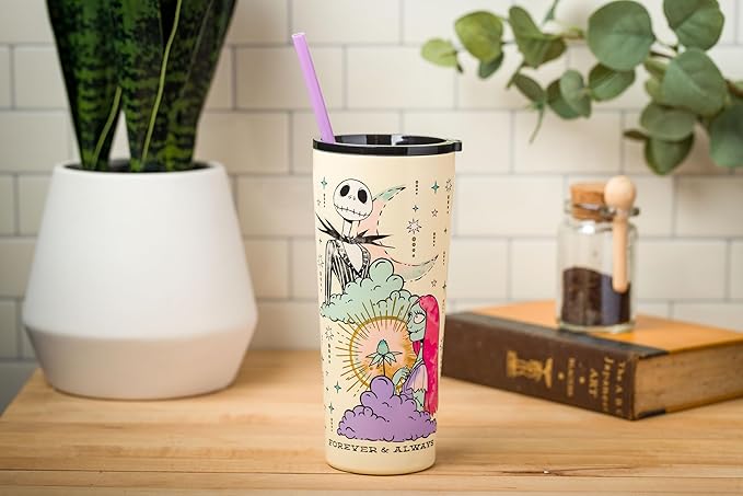Silver Buffalo Disney Tim Burton's Nightmare Before Christmas “Forever and Always” Featuring Jack Skellington and Sally Double Walled Stainless Steel Tumbler with Straw, 22 Ounces