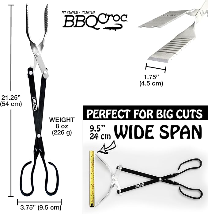 BBQCroc 3-in-1 Barbecue Tool 21-inch - Extra Light and Xtra Long Tongs, Spatula and Grill Scraper (Black)