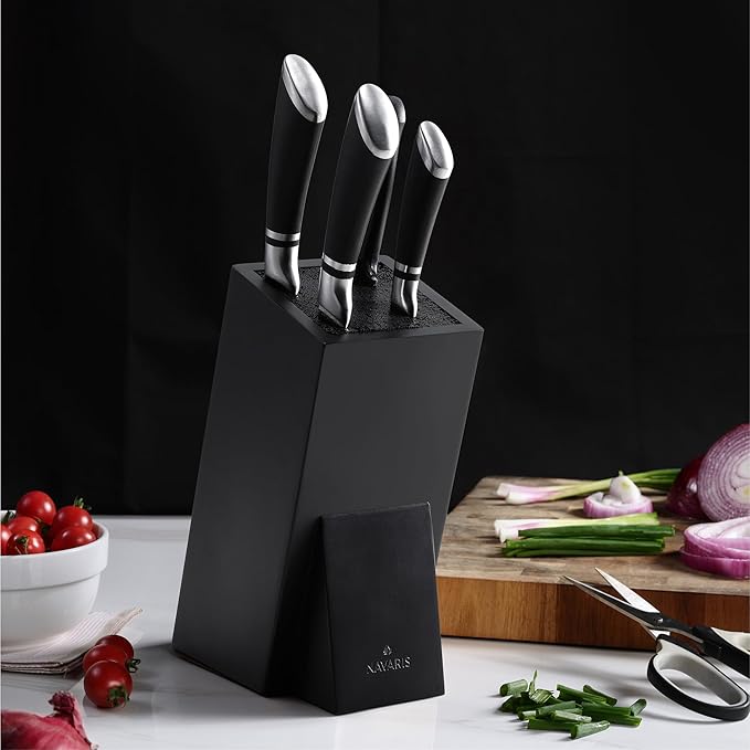 Navaris Knife Block, Black - Universal Knife Storage Solution - Bamboo Kitchen Knives Holder with Bristles - Tilted Storage for Easy Access - Removable Insert for Easy Cleaning