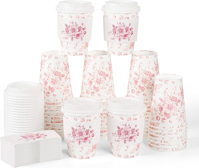 50Pcs Pink Floral Disposable Coffee Cups - Image 8