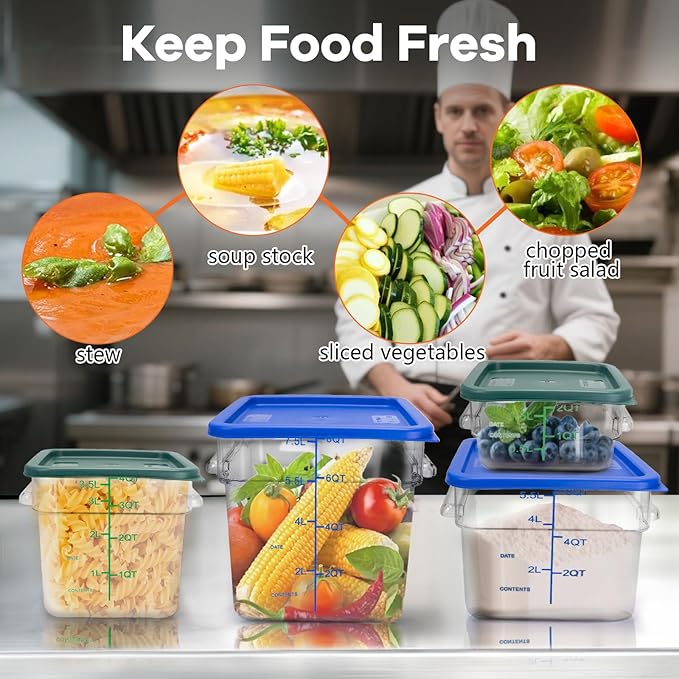 4 Pack Food Storage Containers with Blue Lids, 6.0 Qt - Square, Clear, Polycarbonate
