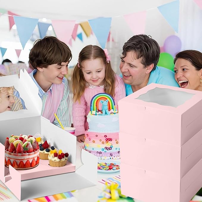 Pink 1+5 paper box 10pcs Bakery Boxes with Window,Stackable Cake and Cupcake Carriers, for Birthdays & Parties (Pink, 1+5(10Pack))