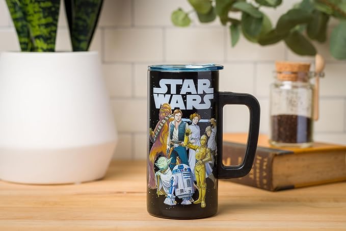 Silver Buffalo Star Wars Featuring Luke Skywalker, Princess Leia, Hans Solo, Chewbacca, Yoda, R2-D2, and C-3PO Double Wall Stainless Steel Travel Mug With Handle, 15 Ounces