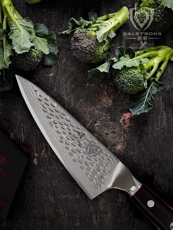 Dalstrong Chef Knife - 6 inch Blade - Shogun Series ELITE - Damascus - Japanese AUS-10V Super Steel - G10 Black Handle - Razor Sharp Kitchen Knife - Hammered Finish Chef's Knife - Sheath
