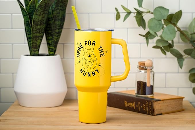 Silver Buffalo Disney Winnie the Pooh Here for the Hunny Stainless Steel Tumbler with Handle and Straw, Fits in Standard Cup Holder, 40 Ounces