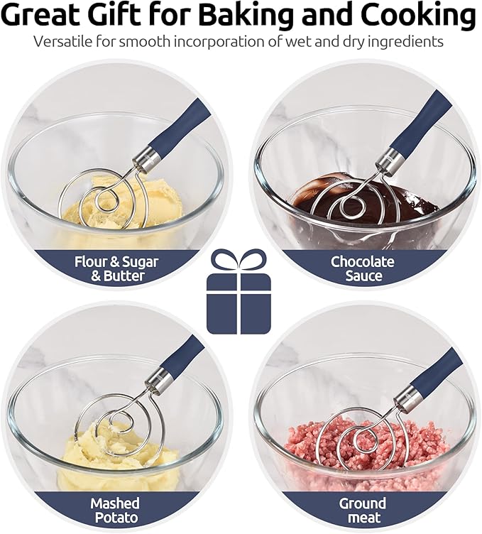 U-Taste 12.6" Danish Dough Whisk: 18/8 Stainless Steel Heavy-Duty Sourdough Mixer Tool, Food Grade Dutch Style Seamless Bread Wisk, Sturdy for Mixing, Stirring, Kneading Thick Batter (Midnight Blue)