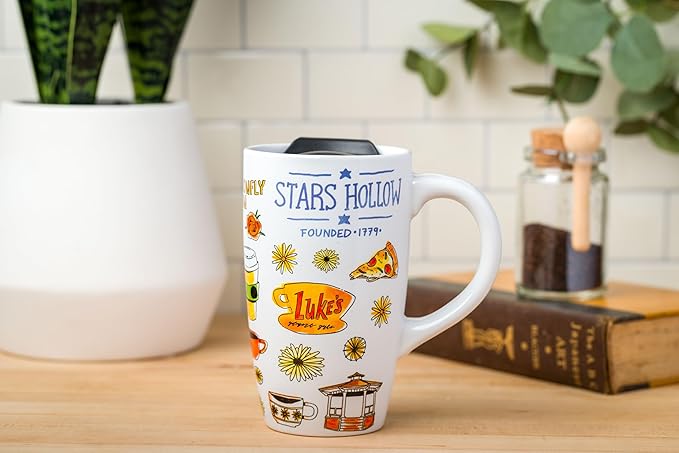 Silver Buffalo Gilmore Girls Iconic Icons Stars Hollow Luke's Diner Ceramic Travel Mug with Slide Close Lid and Handle, 16 Ounces