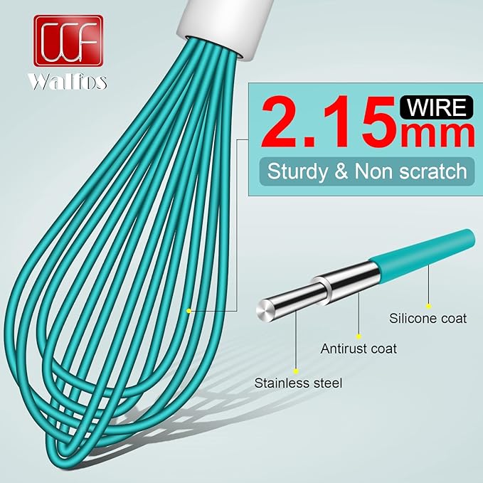 Walfos Whisk,Silicone Whis, Non Scratch Coated Wisking tool silicone set of 5,BPA Free and Heat Resistant 480°F.Premium for Whisking, Blending, Frothing, Beating.(Blue)