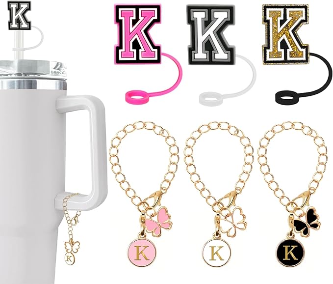 (3 +3) Nuozme Straw Cover Compatible with Stanley Tumbler Cup 3PCS Letter Straw Caps Toppers with 3 Initial Butterfly Charms Name ID For Stanley 30&40 Oz Cup
