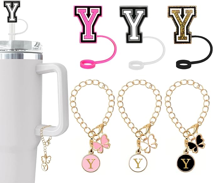 (3 +3) Nuozme Straw Cover Compatible with Stanley Tumbler Cup 3PCS Letter Straw Caps Toppers with 3 Initial Butterfly Charms Name ID For Stanley 30&40 Oz Cup