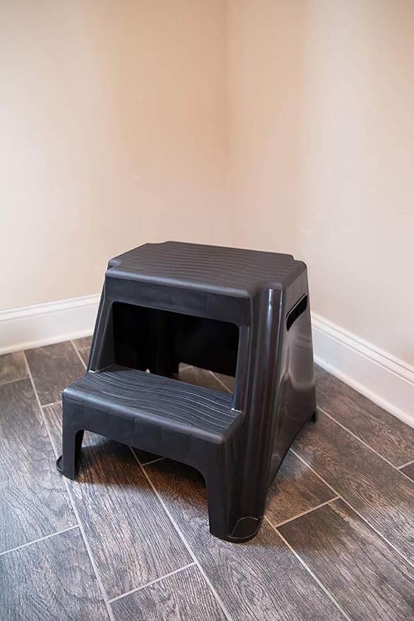 Rubbermaid 2-Step Molded Plastic Step Stool, Lightweight with Slip Resistant Treads and Non-Slip Feet, Black (Amazon Exclusive)