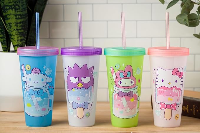 Silver Buffalo Sanrio Hello Kitty and Friends 4 Pack Color Changing Plastic Tumblers Featuring Hello Kitty, My Melody, Badtz Maru, and Cinnamoroll, 24 Ounce