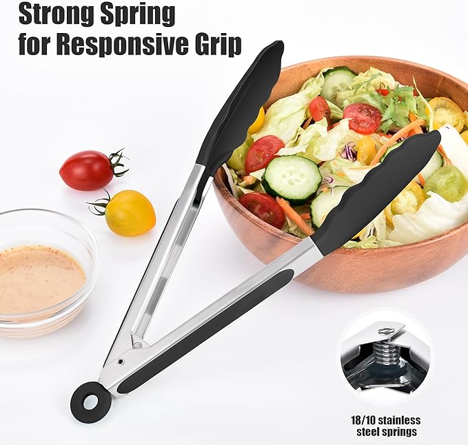 Doosu Kitchen Tongs for Cooking - 600°F Heat Resistant Food Tong with Non-Scratch Silicone Tips, Heavy Duty Stainless Steel Locking Tong for BBQ, Grilling Steak, Serving Salad, Pasta (9in, Black)