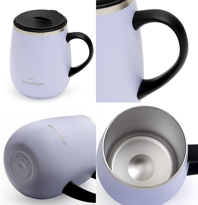GRANDTIES Insulated Coffee Mug with Handle - Sliding Lid for Splash-Proof 16oz Wine-Glass Shape Thermal Tumbler with Double Walled Vacuum Stainless Steel to Keeps Beverages Hot or Cold-Sanctuary