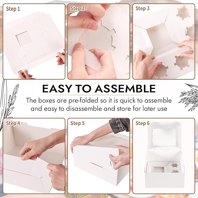 JCD 8 Packs 1+5 Cupcake Box Combo with Clear Window,1 small Cake and 5 Cupcakes Box with insert and Stickers, for Family Birthday Party Mother's day (1+5/8pcs)