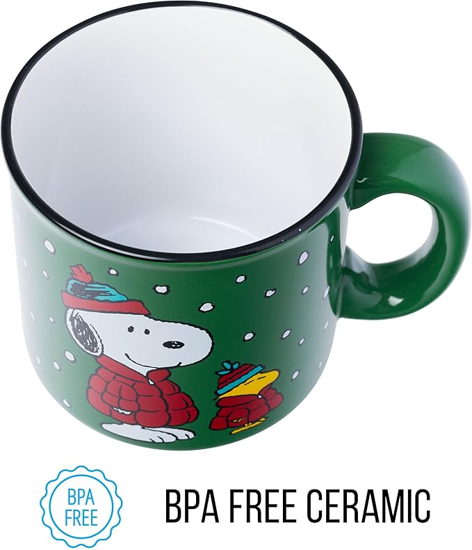 Silver Buffalo Peanuts Christmas Snoopy and Woodstock Puffer Jacket in Snow Ceramic Camper Mug, 20 ounces