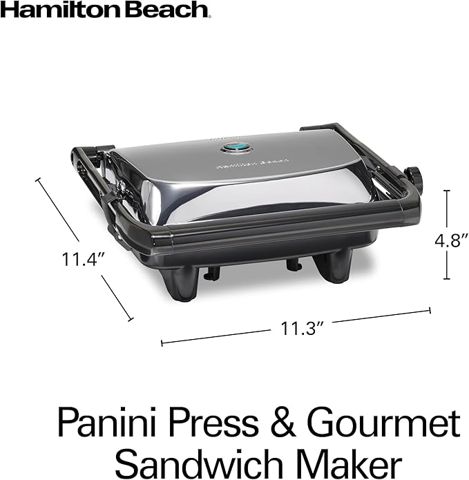 Hamilton Beach Panini Press Sandwich Maker & Electric Indoor Grill with Locking Lid, Opens Wide to Fit Any Thickness for Quesadillas, Burgers & More, Nonstick 8" x 10" Grids, Chrome (25460AG)