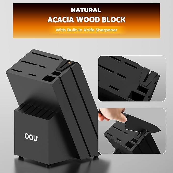 OOU Kitchen Knife Block Set - 15 Pieces High Carbon Stainless Steel Knife Block Set with Built-in Sharpening Blocks, Black
