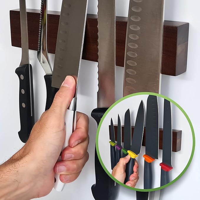 Premium 10 Inch (Small Size) Dark Walnut Wood Magnetic Knife Holder – Professional Wooden Magnetic Knife Strip - Space-Saving Knife Rack/Knife Bar With Powerful Magnetic Pull Force (Upgraded Version)