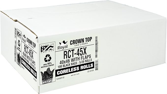 Aluf Plastics RCT-45X Star Sealed Coreless Rolls with E-Z Tie Flap Closure, 45 gal, Polyethylene, 40" x 46", Black (Pack of 100)