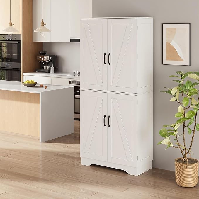 71" Tall Kitchen Pantry, Farmhouse Storage Cabinet with Doors, Shelves, Rustic Wood Cupboard, Built-in Wine Storage Grid & 6 Door Shelves for Kitchen, Dining Room, White