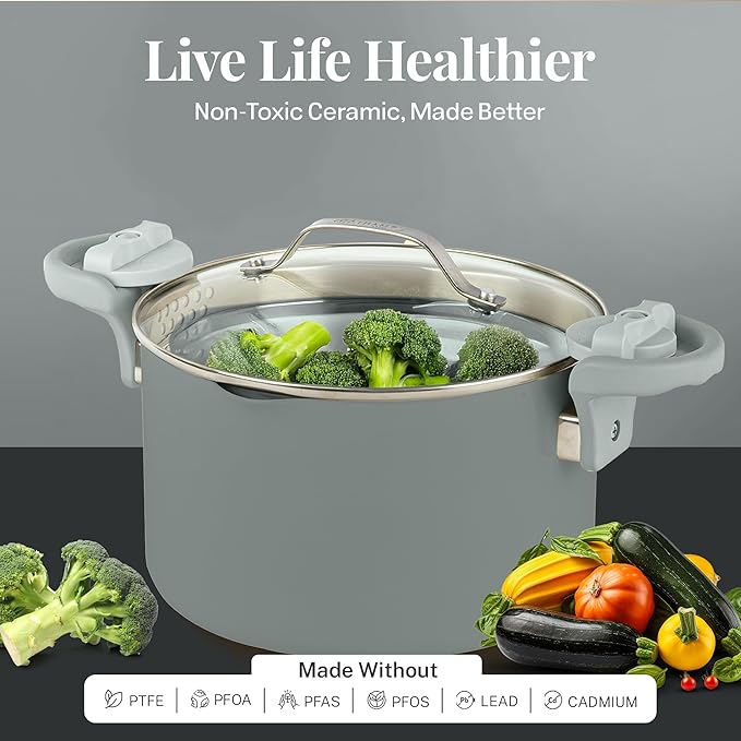 Gotham Steel 5 Quart Stock Pot Multipurpose Pasta Pot with Strainer Lid & Twist and Lock Handles, Ceramic Nonstick Cooking Pots + Pasta Strainer Lid, Spaghetti Pot, Dishwasher Safe