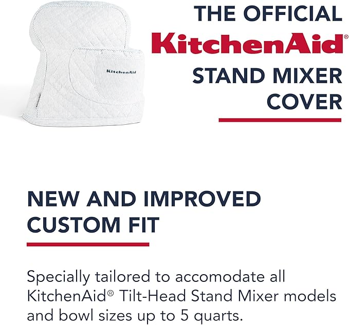 KITCHENAID Fitted Tilt-Head Stand Mixer Cover with Storage Pocket, Quilted 100% Cotton,14.4"x18"x10", Ticking Stripe Ink Blue