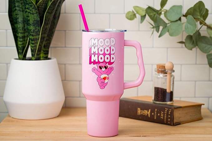 Silver Buffalo Care Bears “Mood” Stainless Steel Tumbler with Handle Featuring Love-A-Lot Bear, Fits in Standard Cup Holder, 40 Ounces