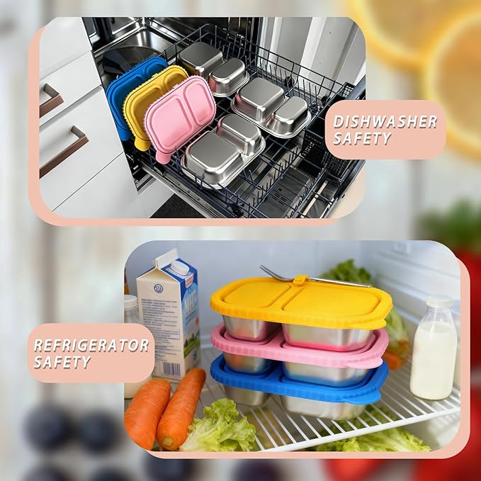 Stainless Steel Snack Containers with Silicone Lids - 2 Compartment Metal Bento Lunch Box, Leak-Proof Reusable Lunch Meal Prep Containers with 2 Forks for School, Office, Travel (Blue+Pink, 2 Pack)