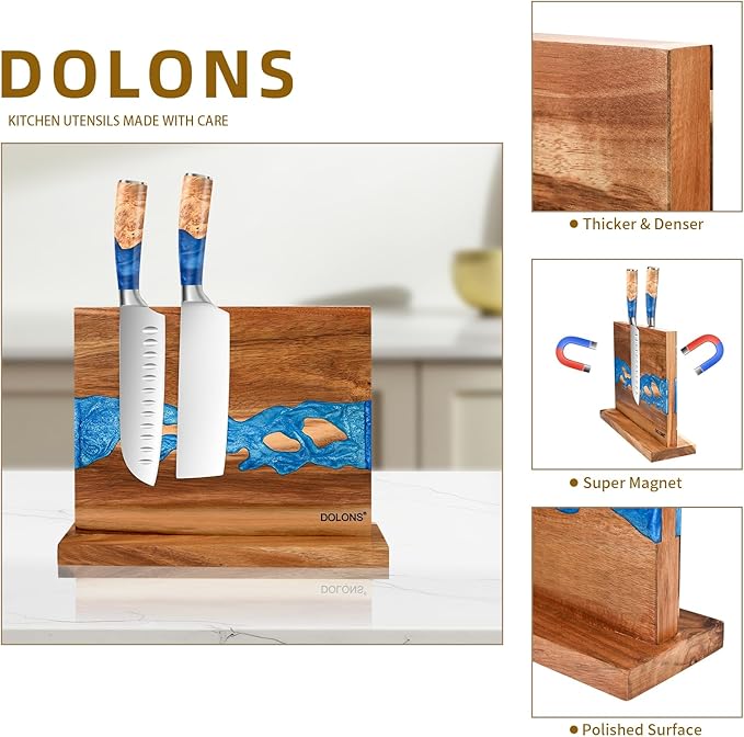 Magnetic Knife Block, Thickened Acacia Wood Resin Kitchen Knife Holder Stand with Strong Magnets, Multifunctional Double Side Knife Storage Organizer for Kitchen Counter