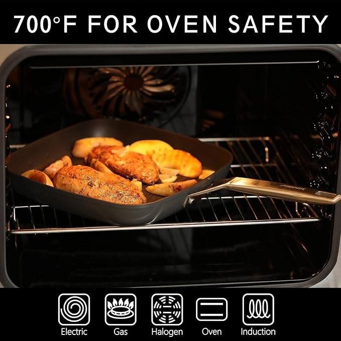 MsMk Square Grill Pan with Lid, 9.5 Inch Titanium and Ceramic Nonstick Grilling Skillet Pan,Stay-Cool Handle,Compatible with All Stovetops,PFOA Free,Dishwasher & Oven Safe,Indoor Chicken Skille