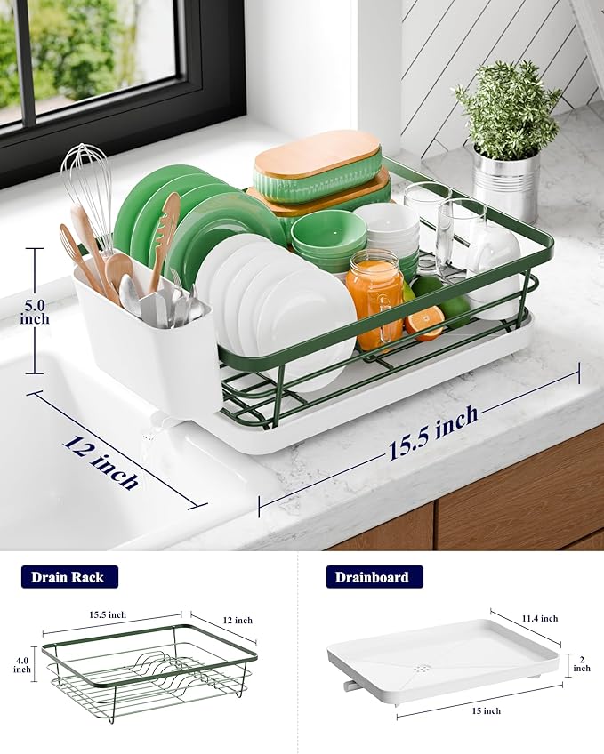 Kitsure Dish Drying Rack for Kitchen Counter, Stainless Steel Sink Organization and Storage Essentials with Cutlery Holder, Home and Appartment Decor, 12''W x 15.5''L, Green