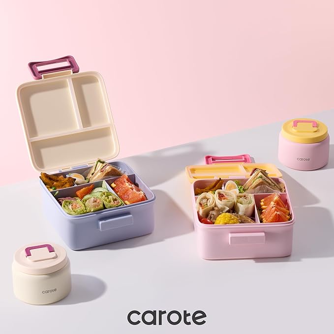 CAROTE Bento Box for Kids, Lunch Box Kids with 8oz Thermos for Hot Food, Lunch Container for Girls Boys, 3 or 5 Compartments with 2 Removable Dividers, BPA Free/Leak Proof/Dishwasher Safe