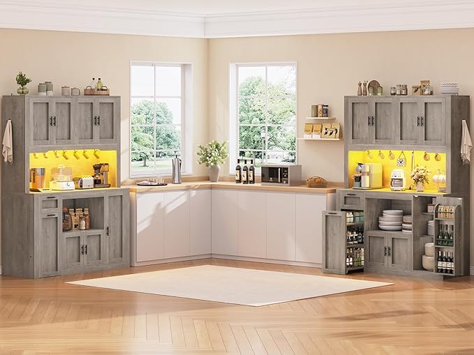 Itaar 71" Pantry Cabinet with Charging Station and LED Light, Kitchen Pantry Cabinet with Microwave Stand, 47.2" Wide Kitchen Storage Cabinets with Storage Cart 3 Tier for Dining Room, Grey