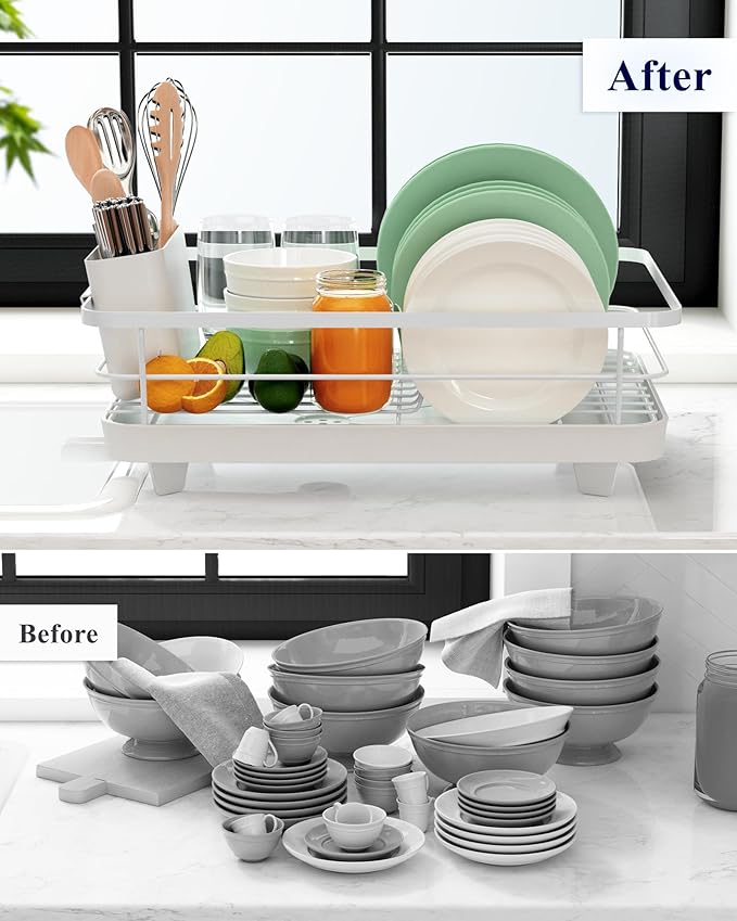 Kitsure Dish Drying Rack for Kitchen Counter, Stainless Steel Sink Organization and Storage Essentials with Cutlery Holder, Home and Appartment Decor, 12''W x 15.5''L, White