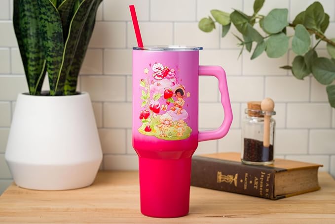 Silver Buffalo Care Bears and Strawberry Shortcake Ombre Stainless Steel Tumbler with Handle, Fits in Standard Cup Holder, 40 Ounces