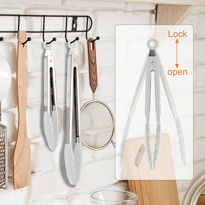 Premium Stainless Steel Heat Resistant Kitchen Tongs for cooking,set of 9" and 12" (White),Non Scratch Silicone cooking Tong Tip for Cooking Pans,Strong Grip BBQ tongs for Grabbing Hot Food