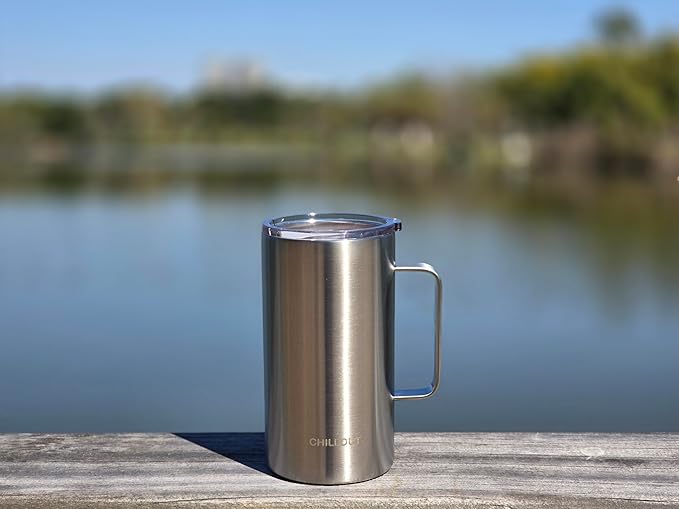 CHILLOUT LIFE Stainless Steel Vacuum Insulated Coffee Mug 16 oz (Set of 2) with Handle and Lid, Large Thermal Camping Coffee Mugs with Sliding Lid for Men & Women, Keeps Your Beverages Hot & Cold