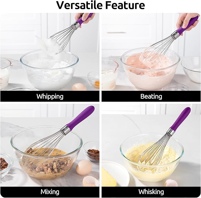 U-Taste Balloon Whisk for Cooking: 18/10 Stainless Steel Kitchen Wire Whisk, Medium Heavy Duty Egg Beater, Manual Baking Mixing Tool with 8 High Flex Wires for Stirring, Blending Sauce (Purple)
